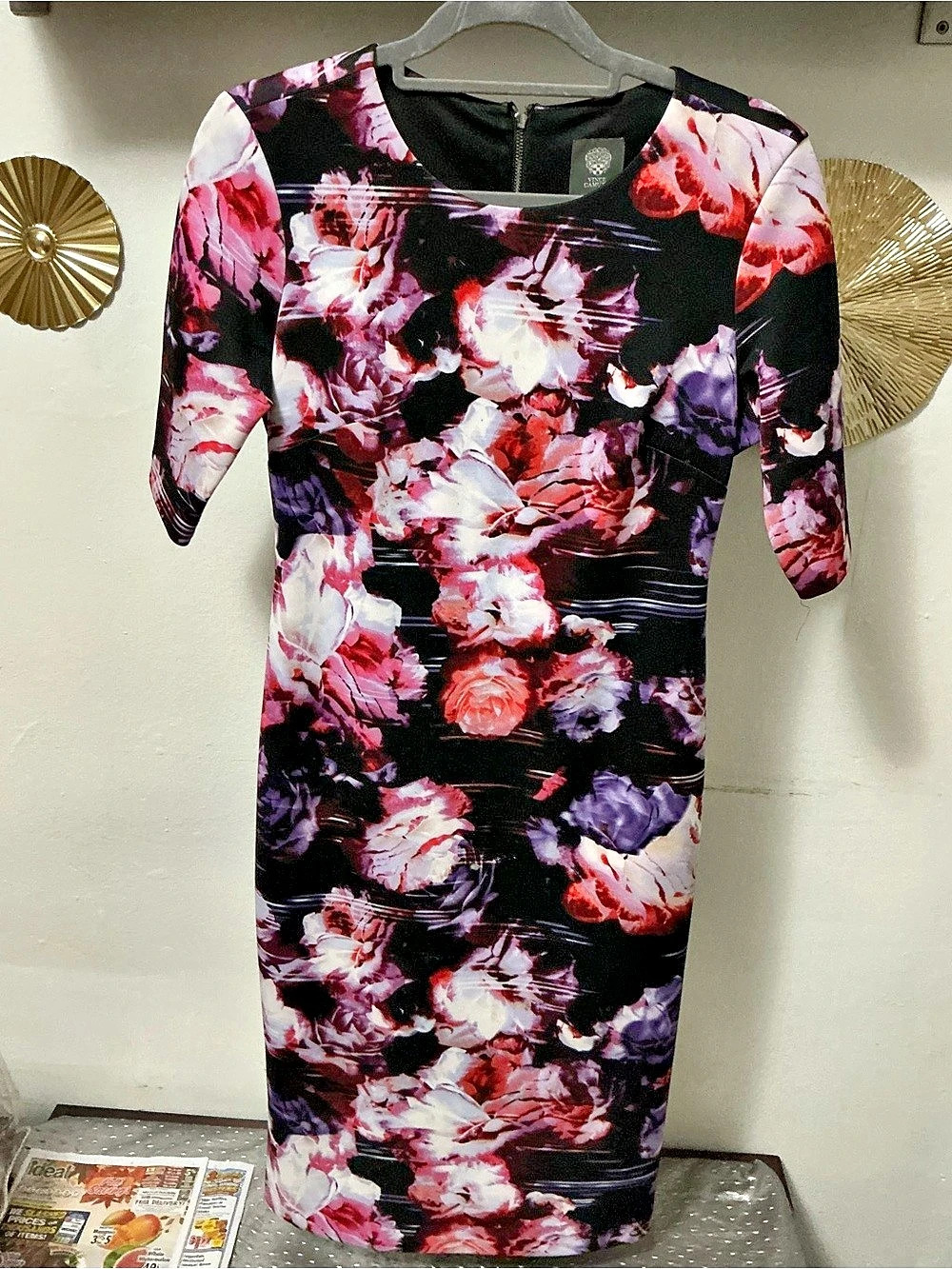 Vince Camuto Floral Midi Dress in Black & Pink Size 8 Like New
